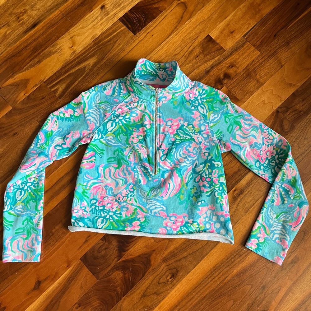 Lilly Pulitzer UPF 50 Ronan Cropped Popover Aqua La Vista, Sz XS, ECU